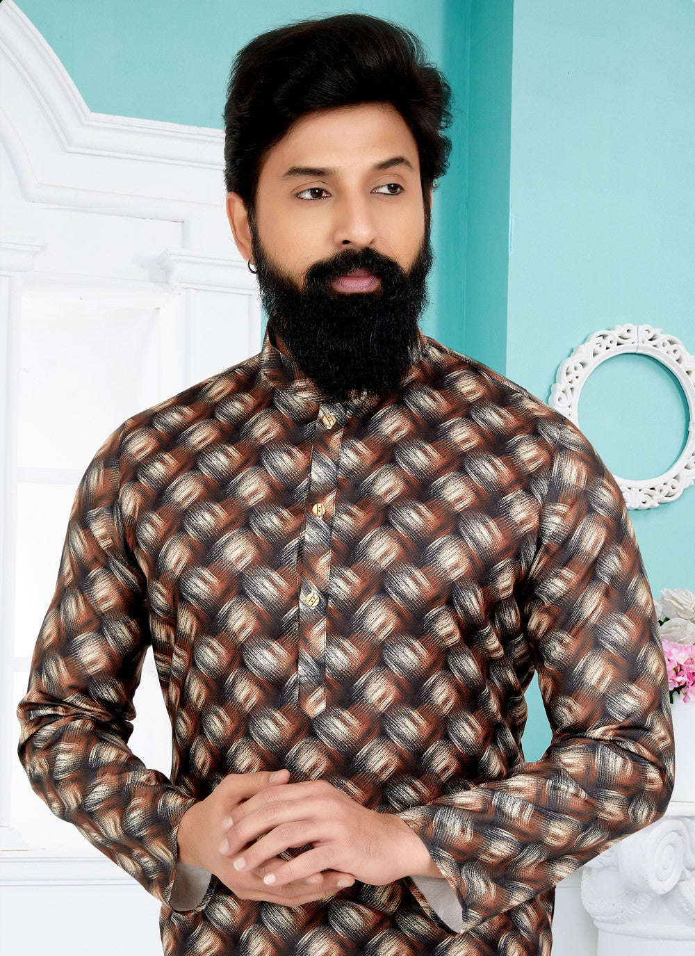 Digital Print Cotton Brown Kurta Pyjama - M5069