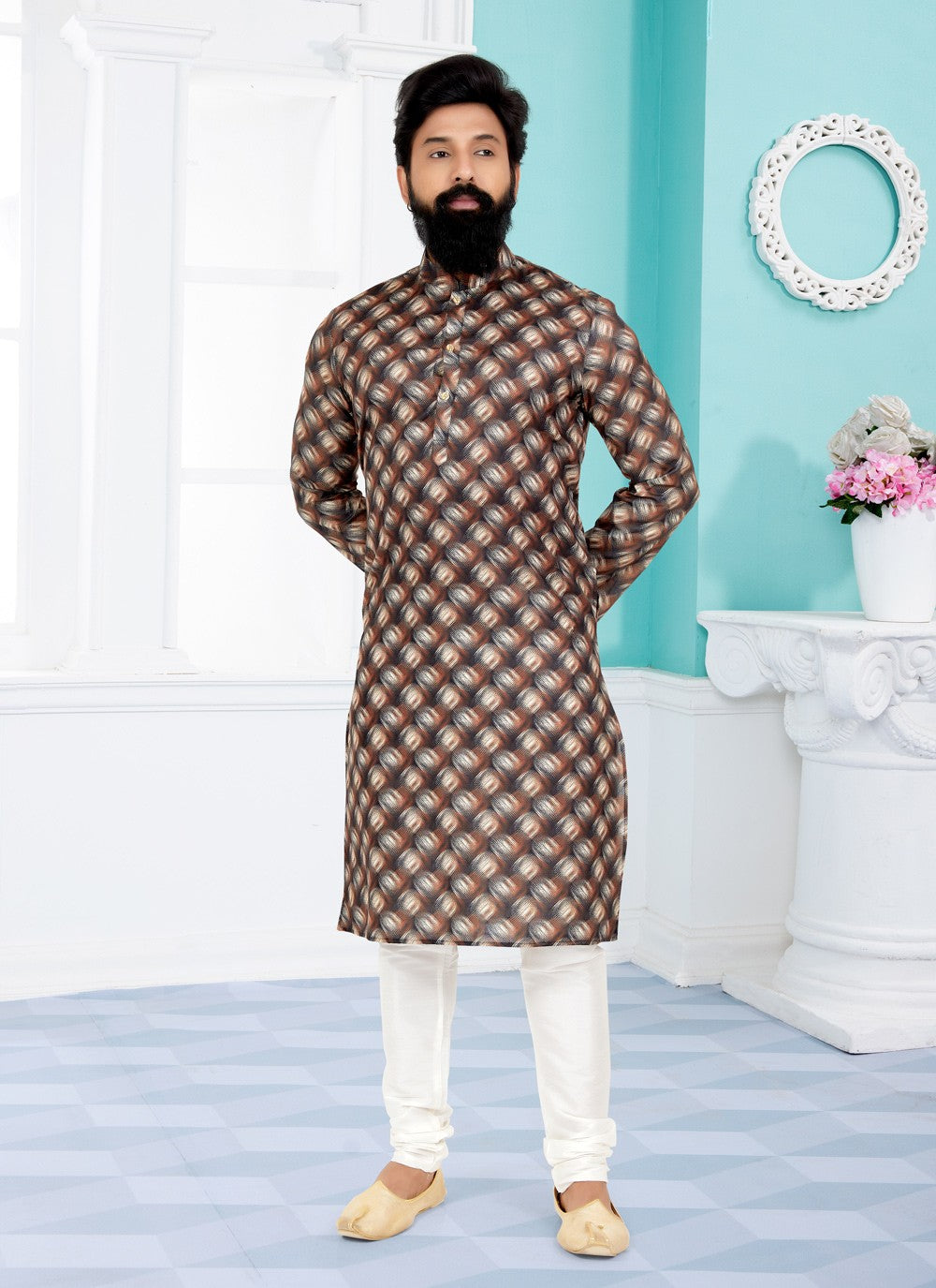 Digital Print Cotton Brown Kurta Pyjama - M5069