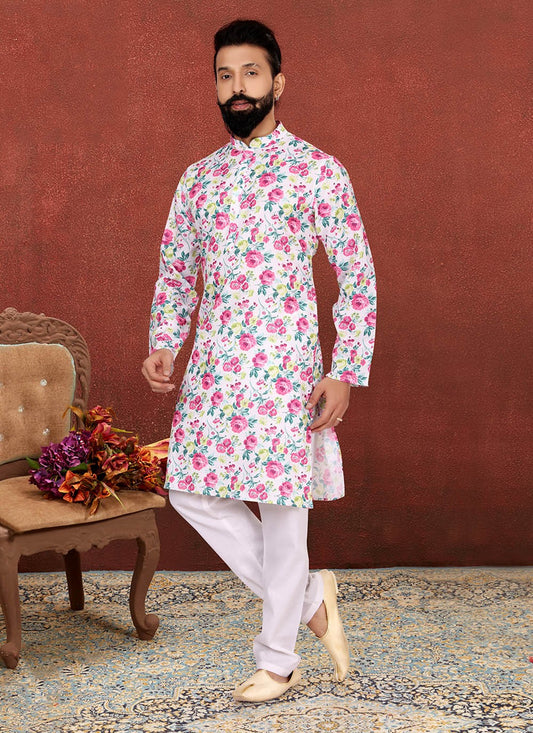 Digital Print Cotton Cream Kurta Pyjama - M2590