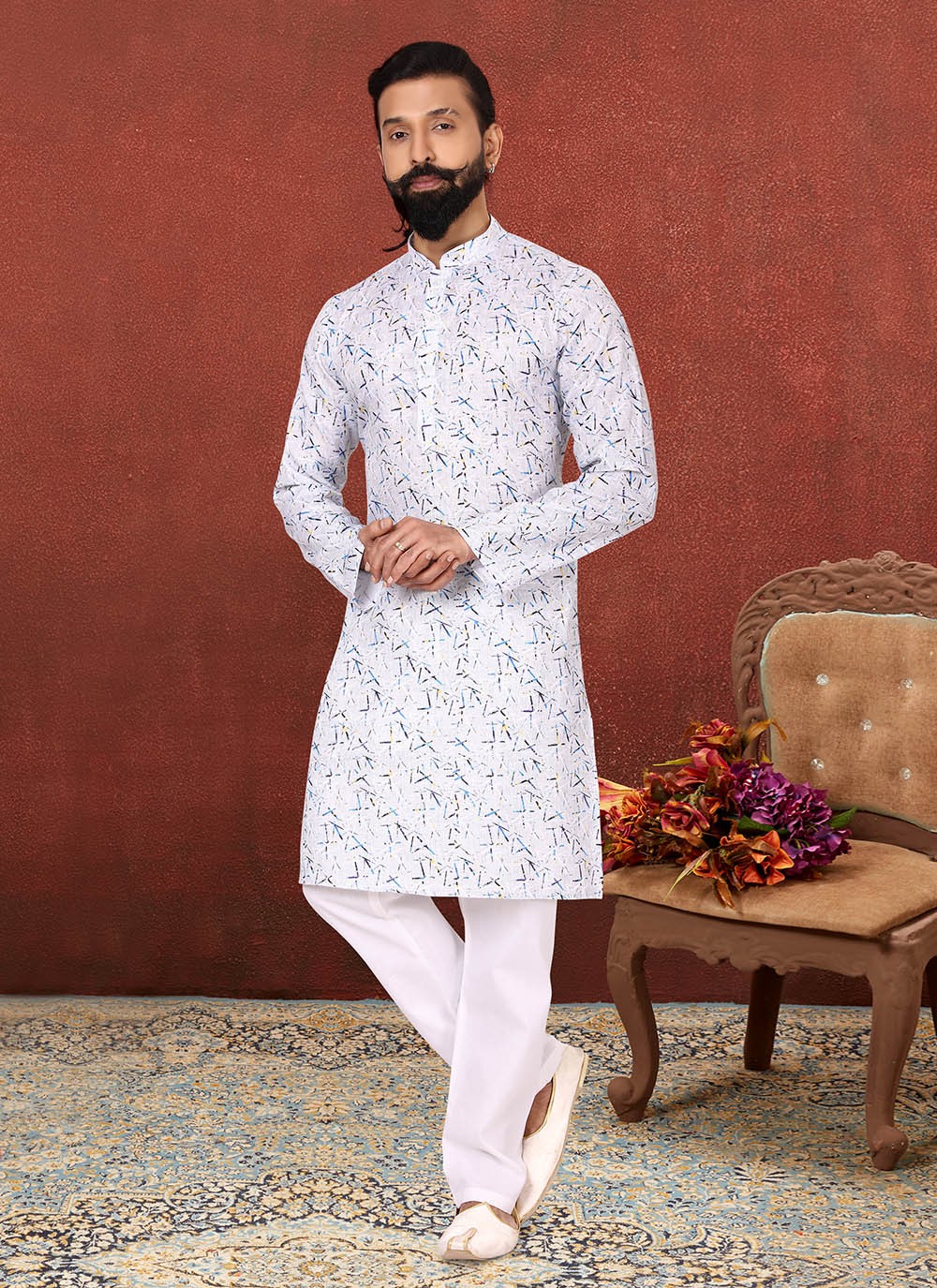 Digital Print Cotton Off White Kurta Pyjama - M2587