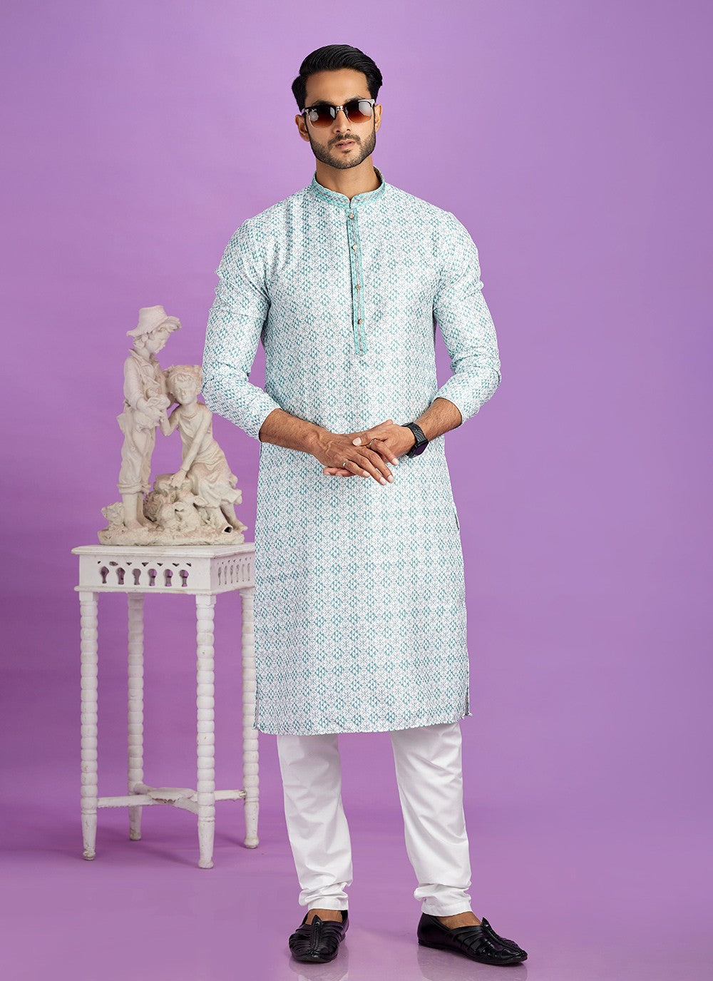 Digital Print Cotton Teal Kurta Pyjama - M6951