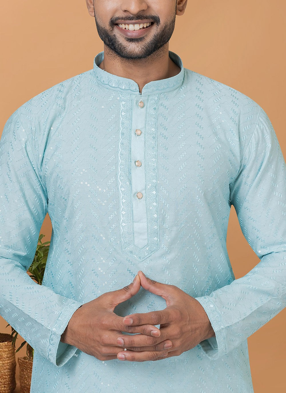 Embroidered Cotton , Viscose Aqua Blue Kurta Pyjama - M6253