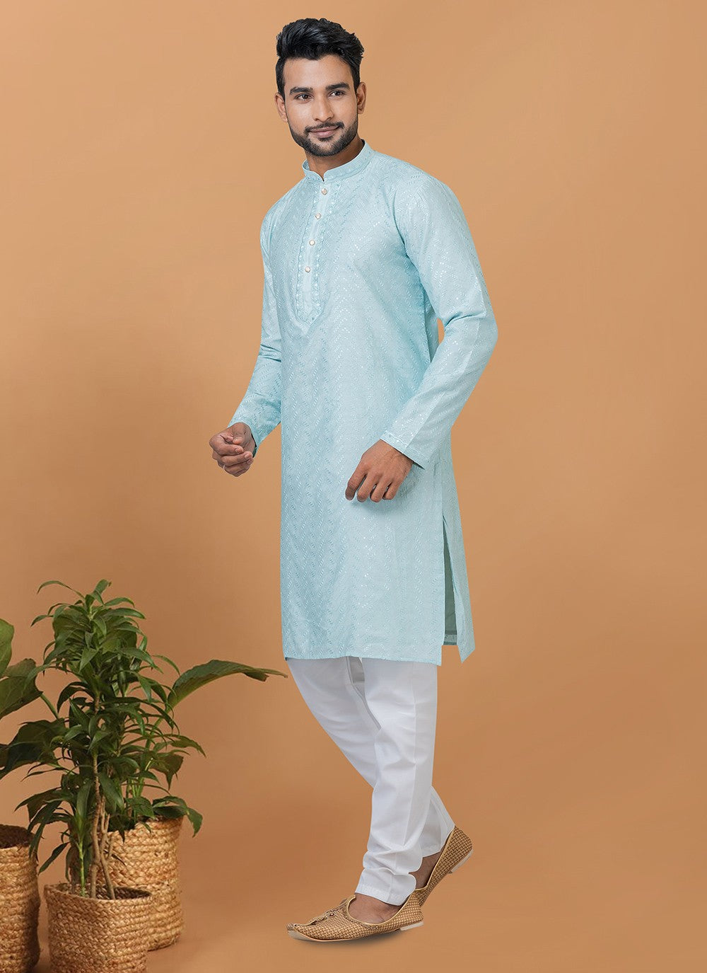 Embroidered Cotton , Viscose Aqua Blue Kurta Pyjama - M6253