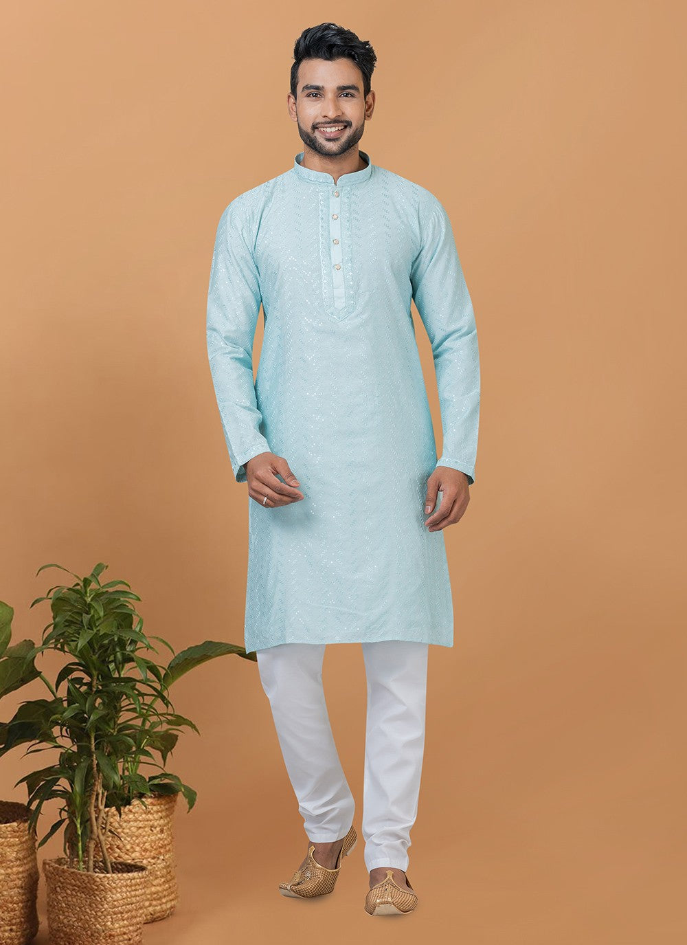 Embroidered Cotton , Viscose Aqua Blue Kurta Pyjama - M6253