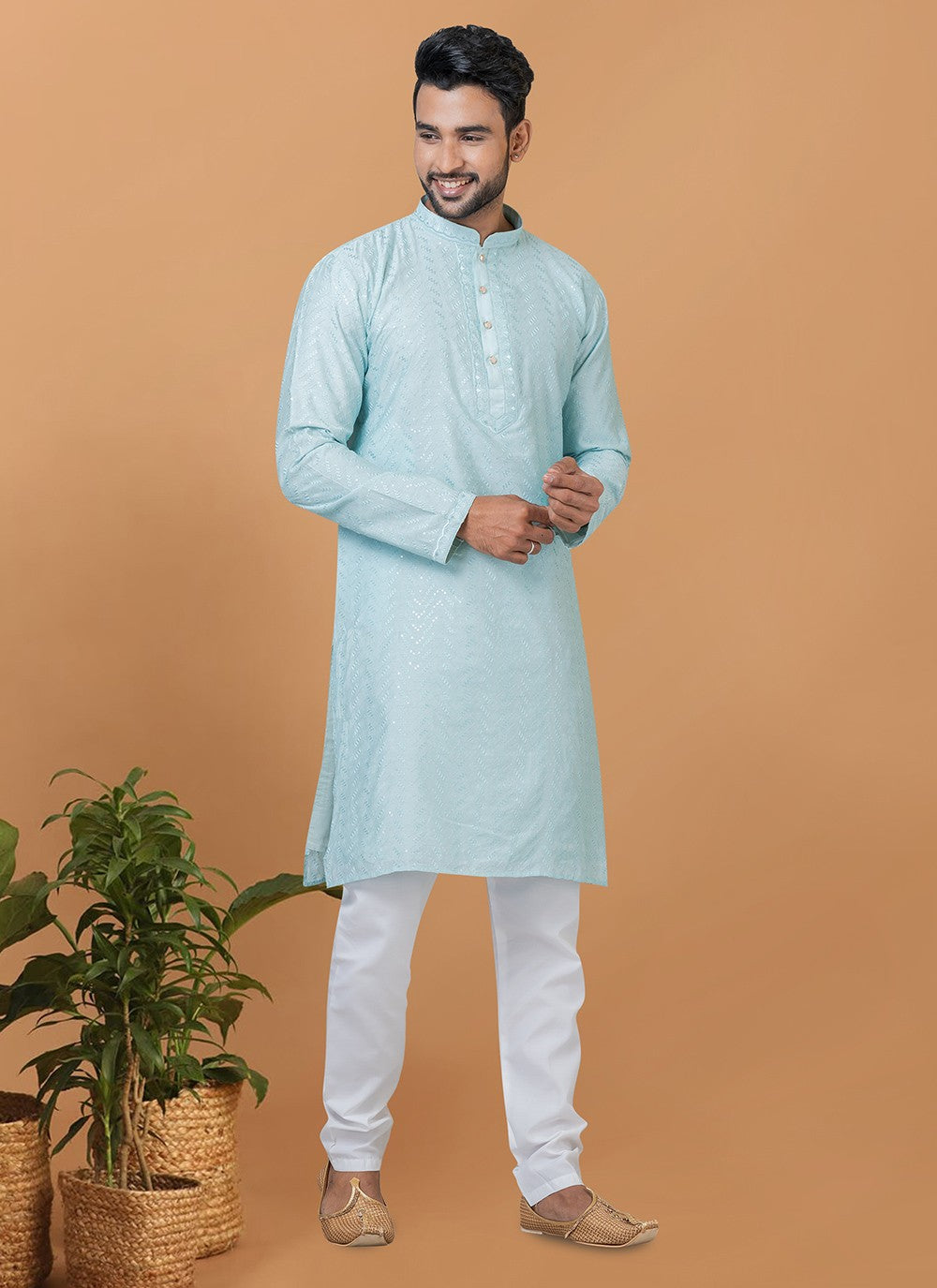 Embroidered Cotton , Viscose Aqua Blue Kurta Pyjama - M6253