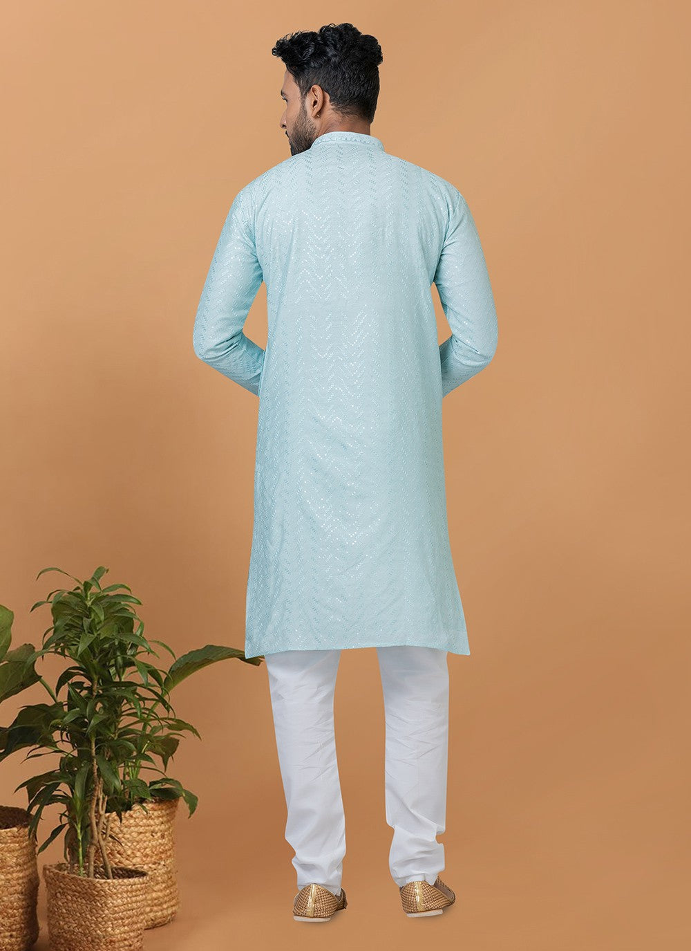 Embroidered Cotton , Viscose Aqua Blue Kurta Pyjama - M6253