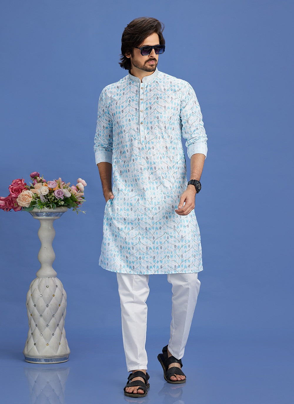 Digital Print Cotton Blue Kurta Pyjama - M6938