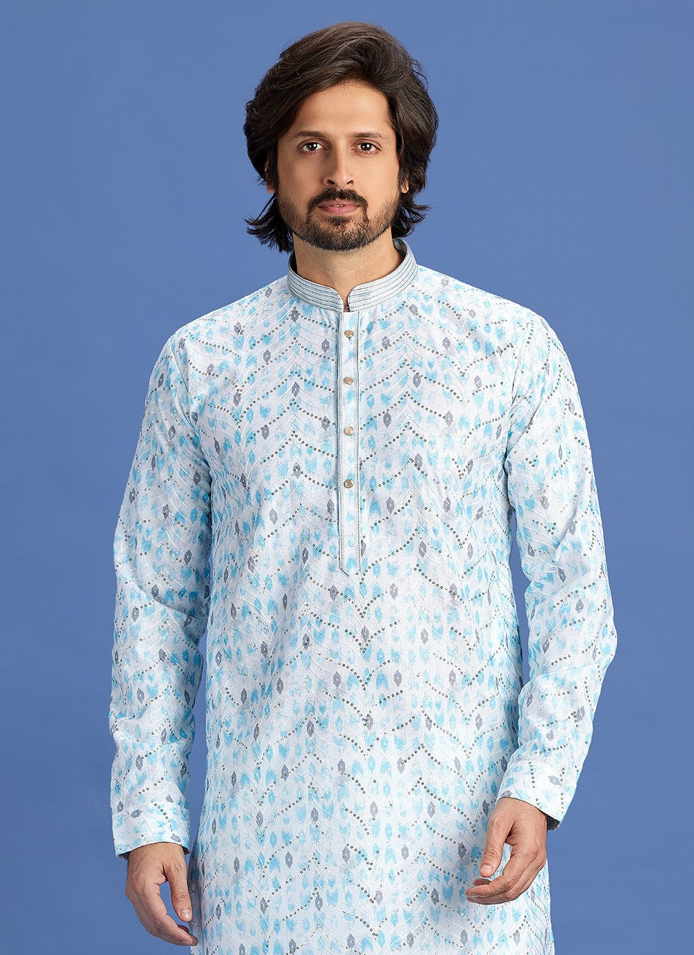 Digital Print Cotton Blue Kurta Pyjama - M6938