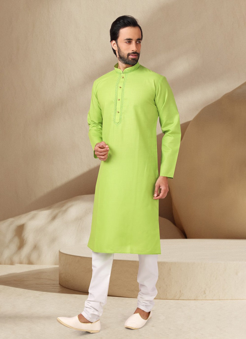 Embroidered Cotton , Rayon Green Kurta Pyjama - M7004