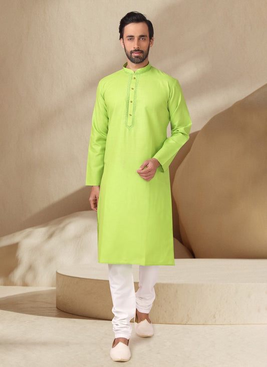 Embroidered Cotton , Rayon Green Kurta Pyjama - M7004