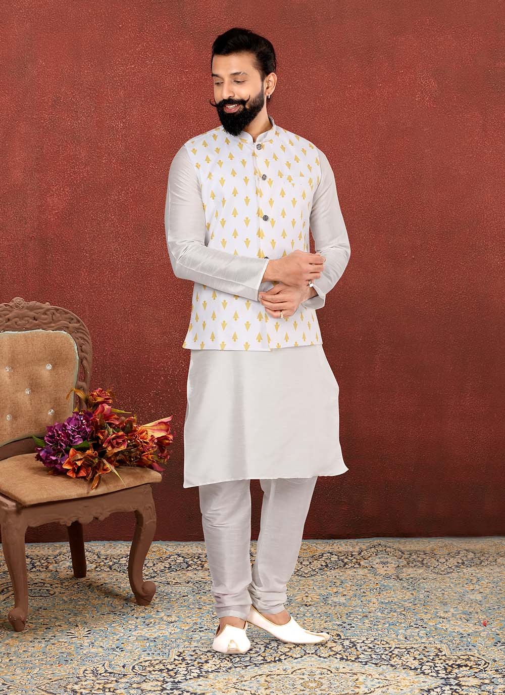 Embroidered Cotton , Dupion Silk Off White Kurta Payjama With Jacket - M2552