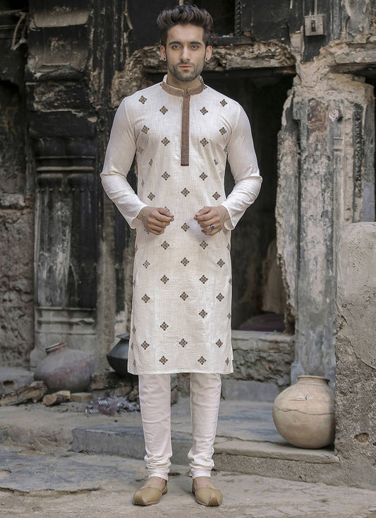 Embroidered Cotton Off White Kurta Pyjama - M2336