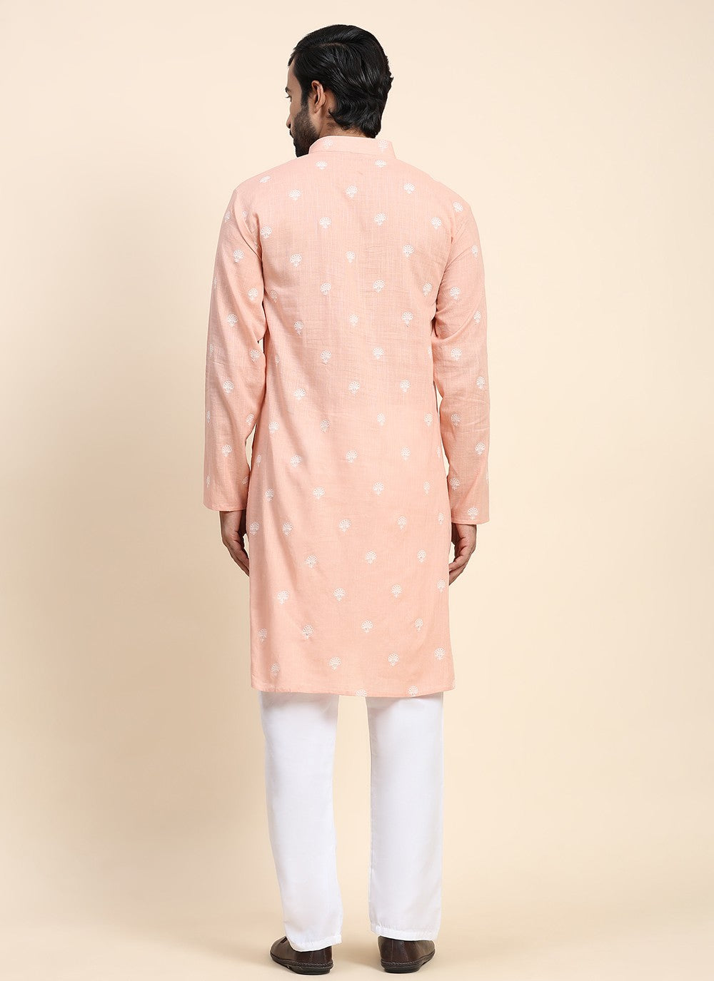 Embroidered Cotton Peach Kurta Pyjama - M8442