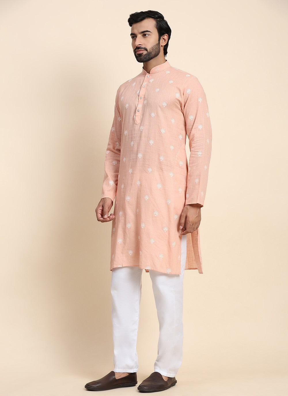 Embroidered Cotton Peach Kurta Pyjama - M8442