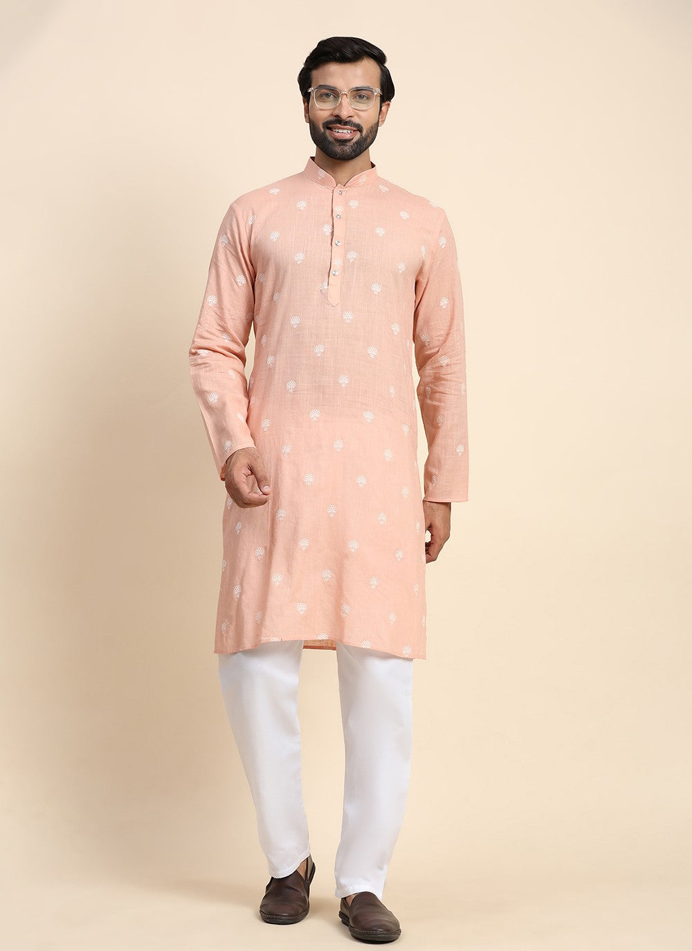 Embroidered Cotton Peach Kurta Pyjama - M8442