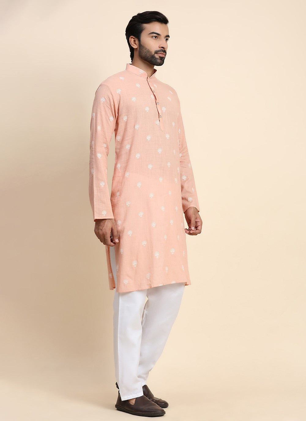 Embroidered Cotton Peach Kurta Pyjama - M8442