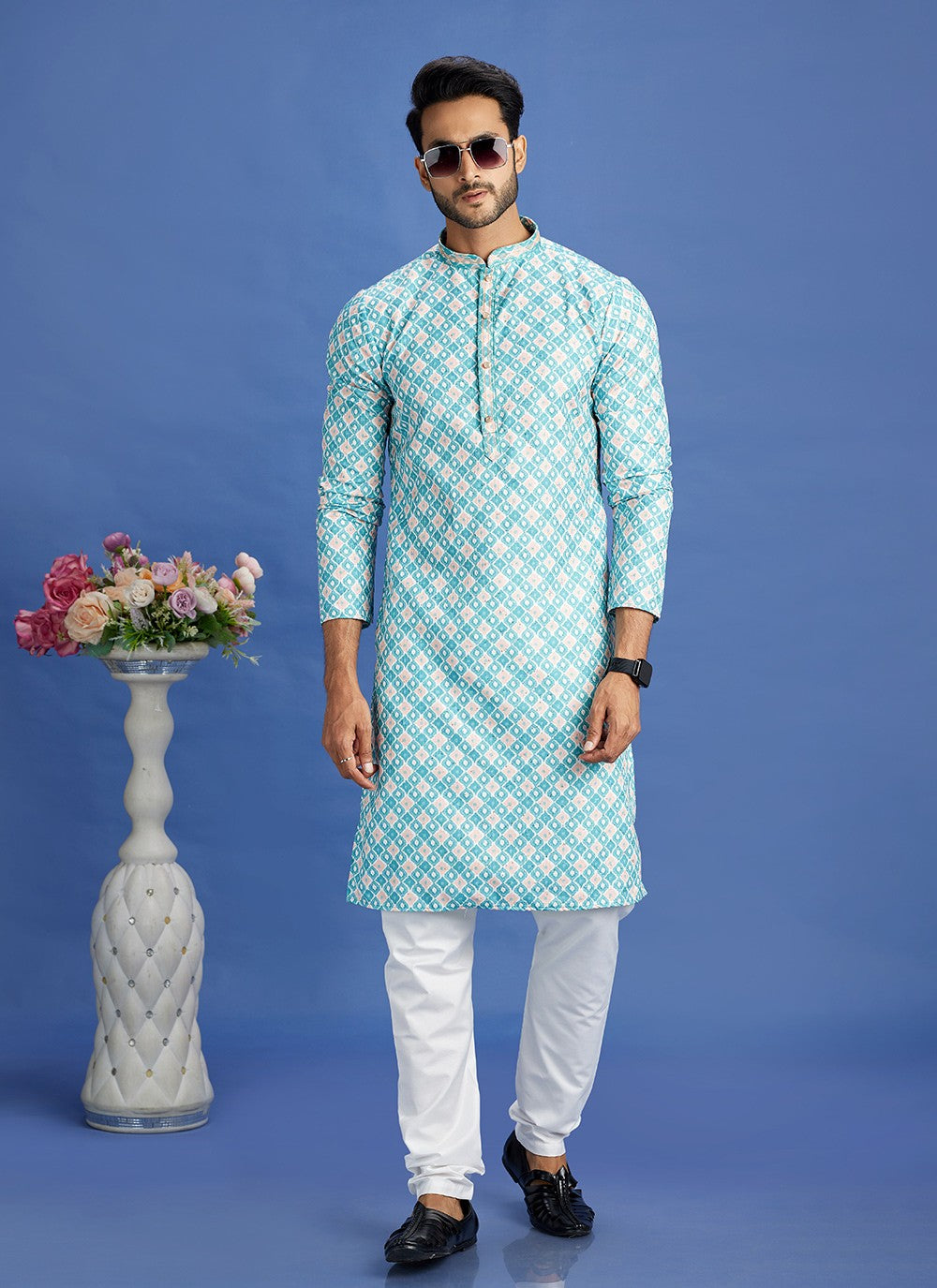 Digital Print Cotton Teal Kurta Pyjama - M6946