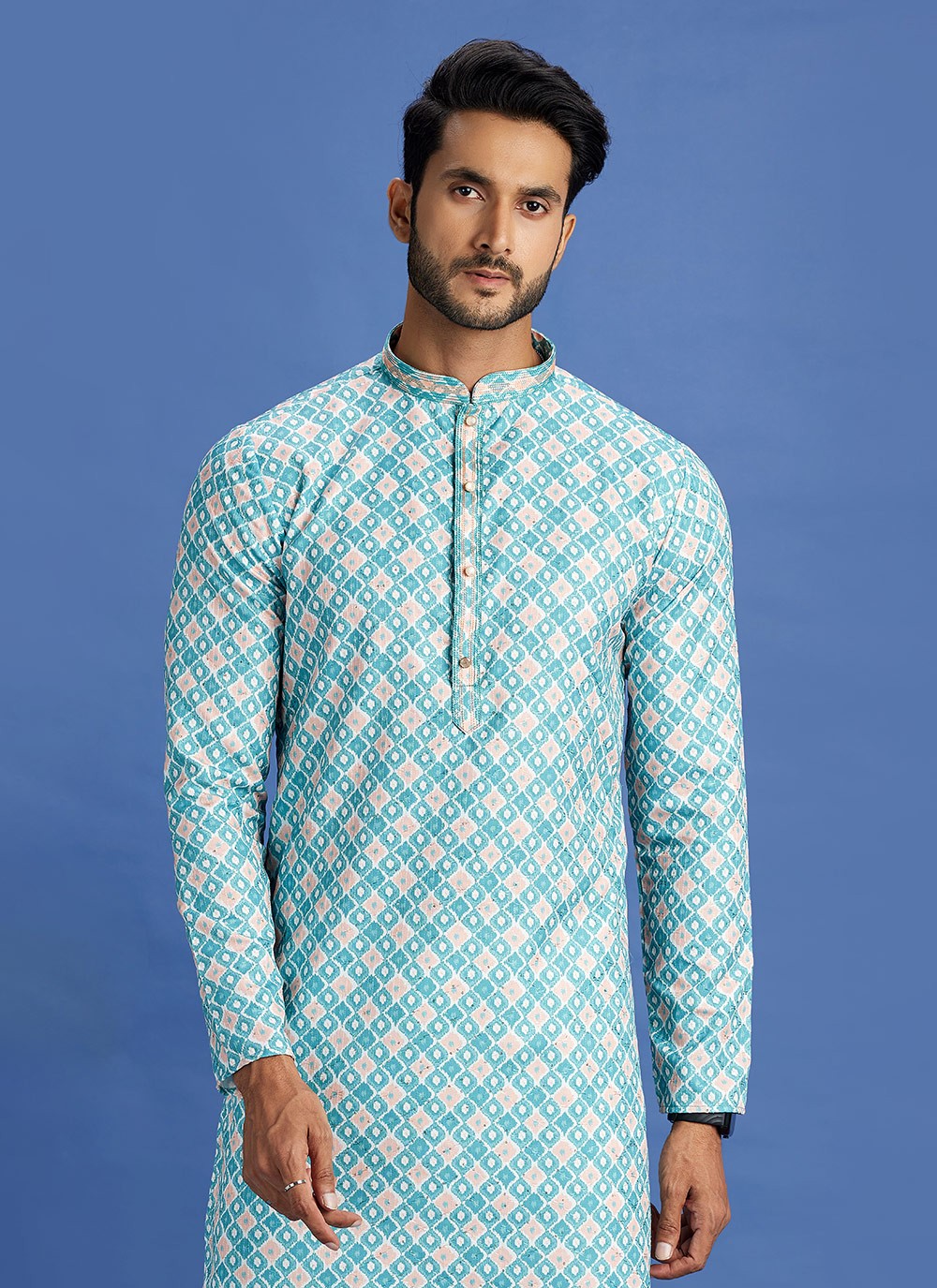 Digital Print Cotton Teal Kurta Pyjama - M6946