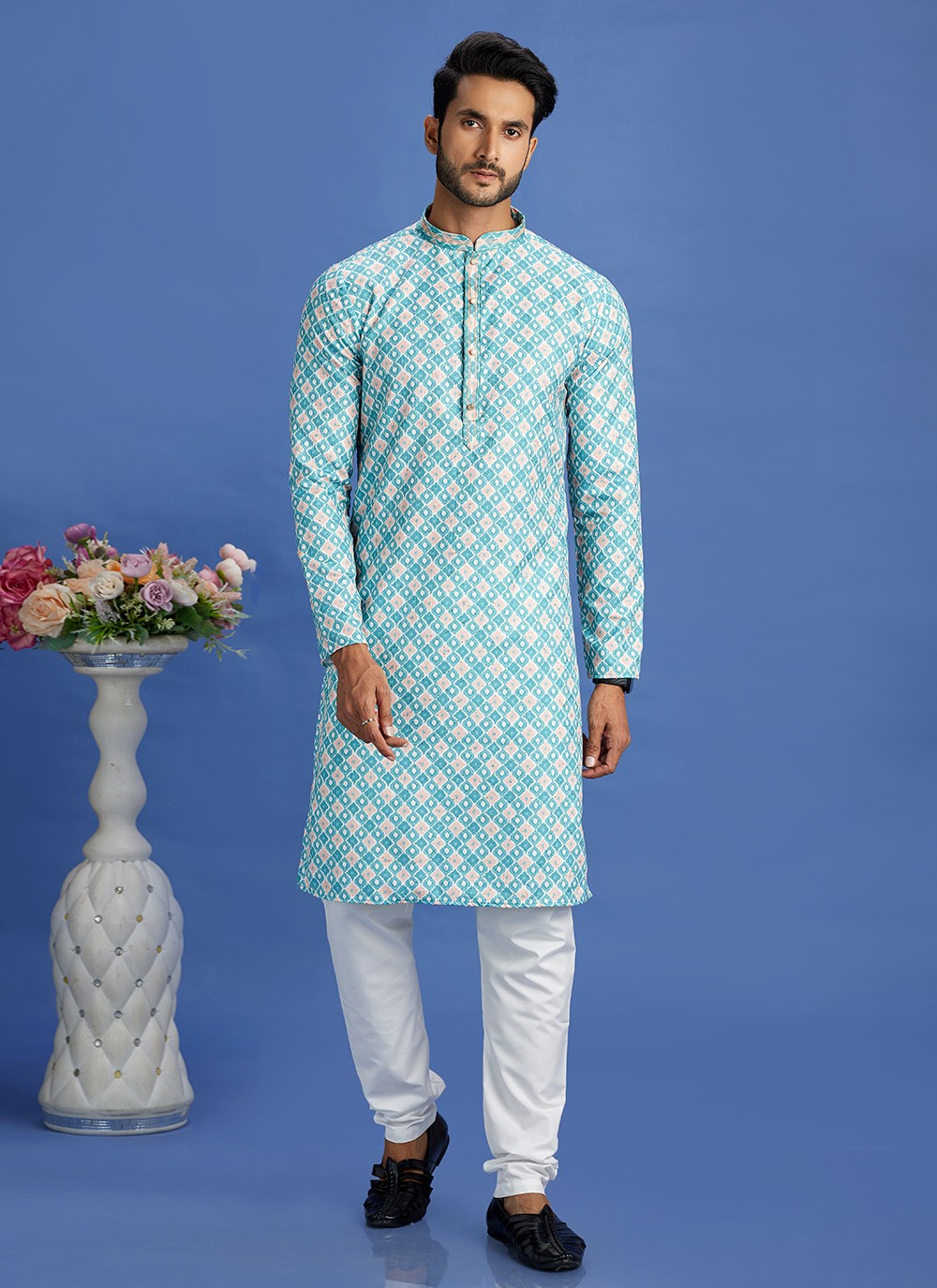 Digital Print Cotton Teal Kurta Pyjama - M6946