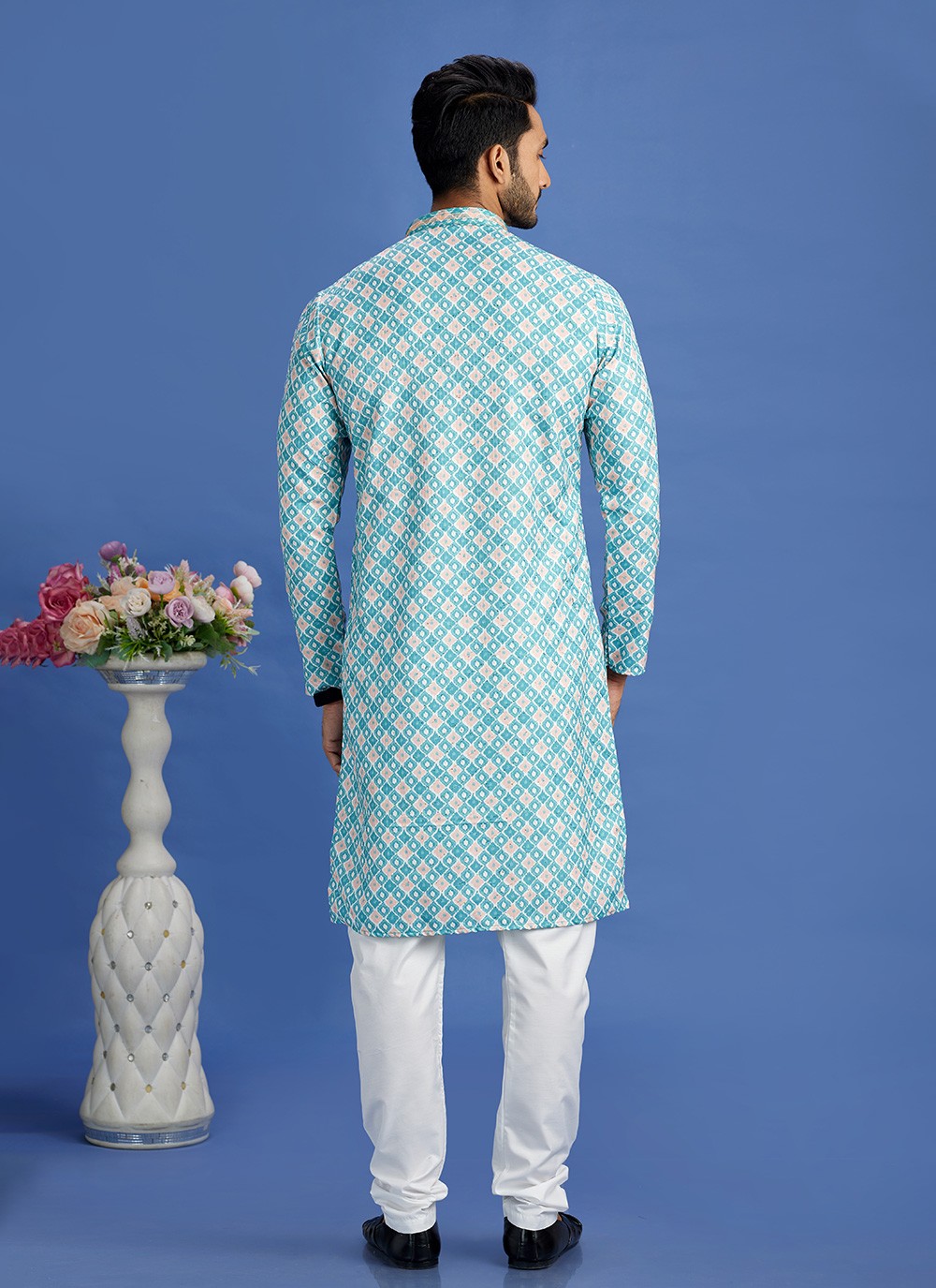 Digital Print Cotton Teal Kurta Pyjama - M6946