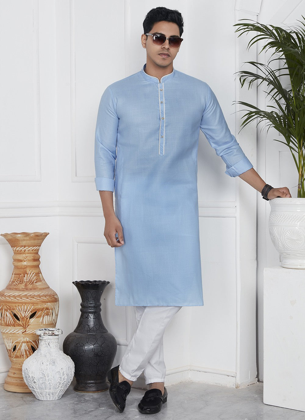 Fancy Work Cotton , Linen Blue Kurta Pyjama - M7101