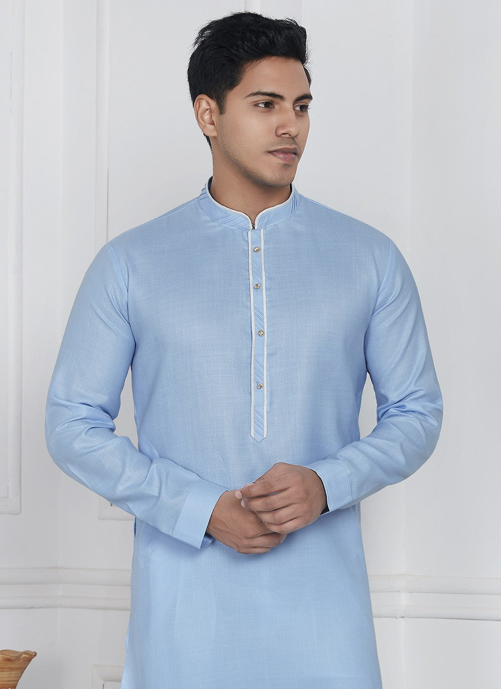 Fancy Work Cotton , Linen Blue Kurta Pyjama - M7101