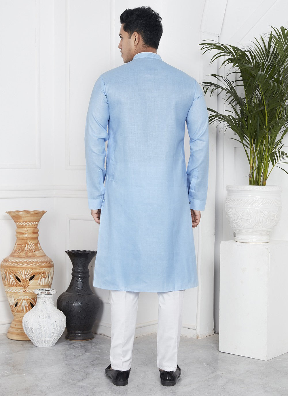 Fancy Work Cotton , Linen Blue Kurta Pyjama - M7101