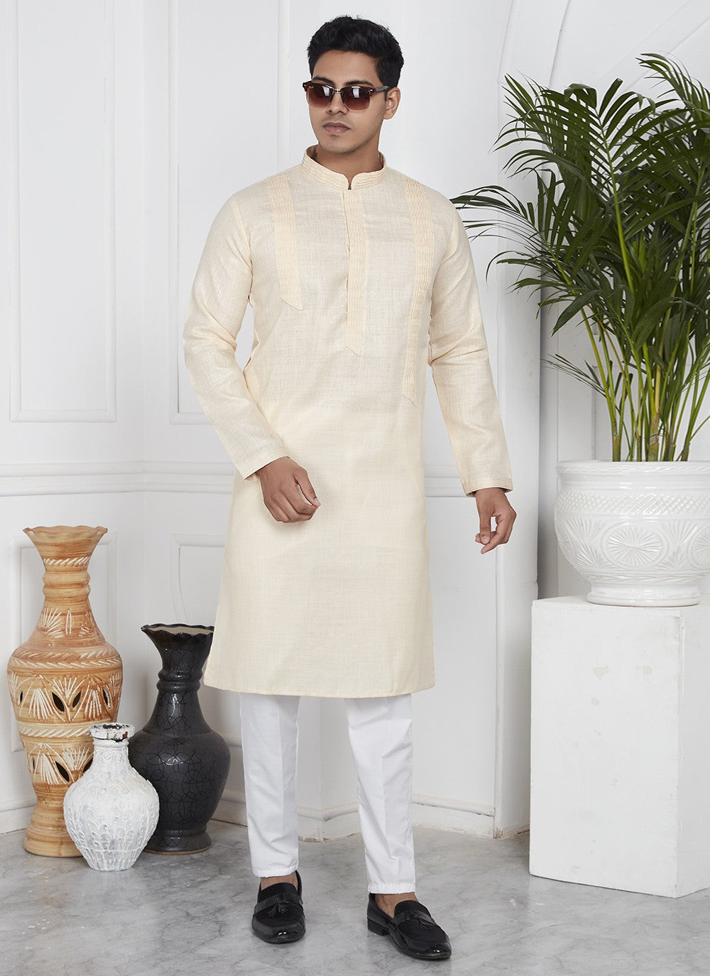 Fancy Work Cotton , Linen Cream Kurta Pyjama - M7095