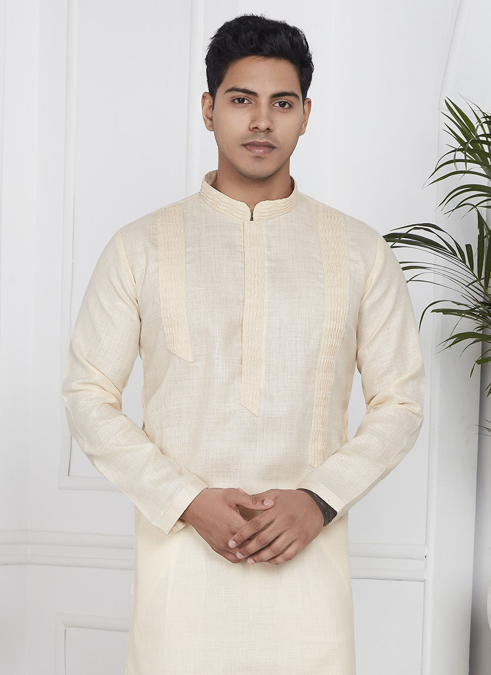 Fancy Work Cotton , Linen Cream Kurta Pyjama - M7095