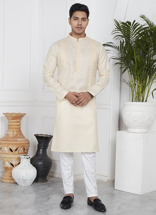 Fancy Work Cotton , Linen Cream Kurta Pyjama - M7095