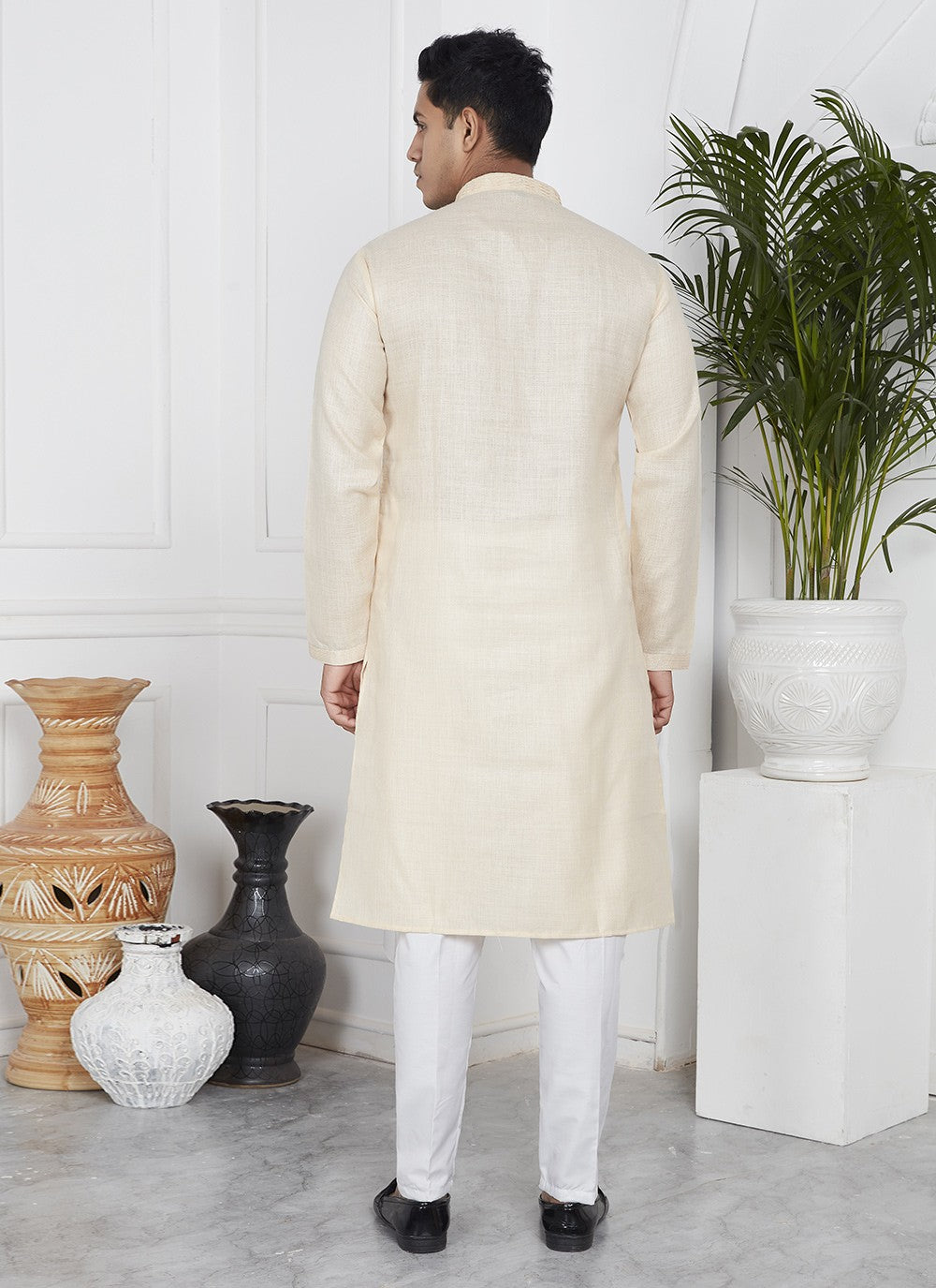 Fancy Work Cotton , Linen Cream Kurta Pyjama - M7095