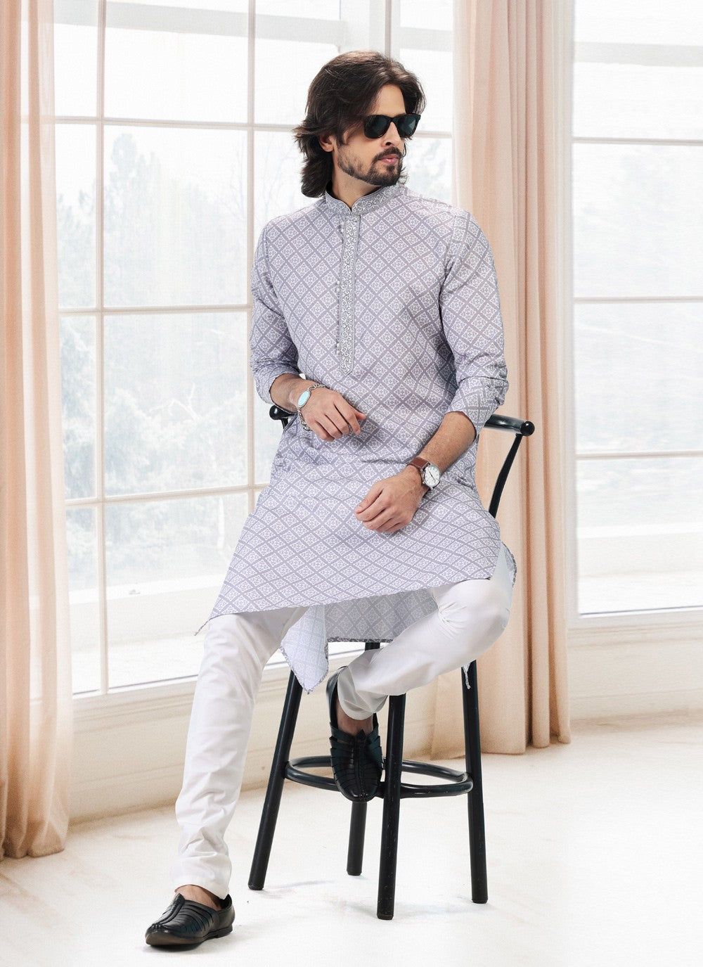 Fancy Work Cotton Grey Kurta Pyjama - M5126