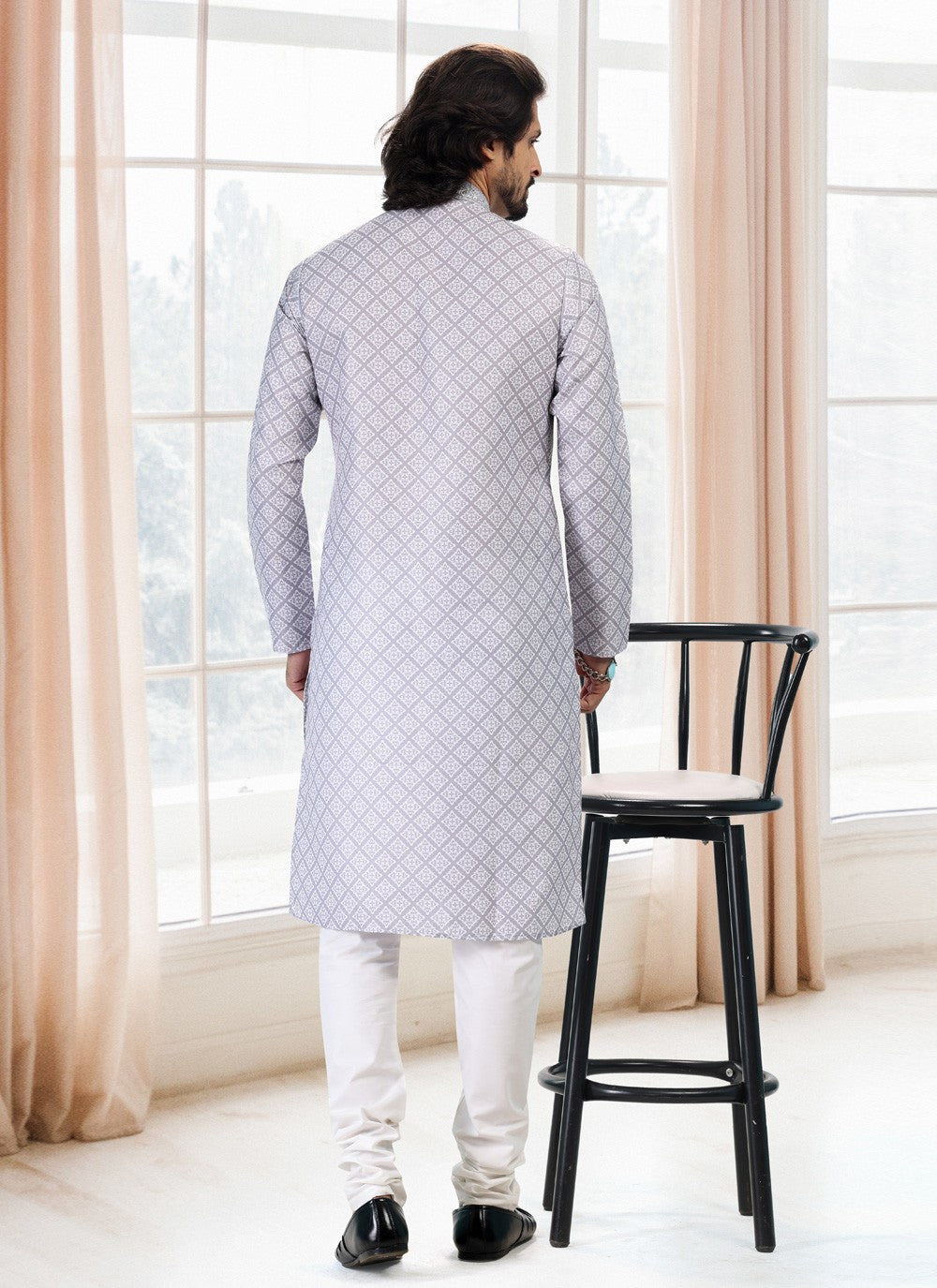 Fancy Work Cotton Grey Kurta Pyjama - M5126