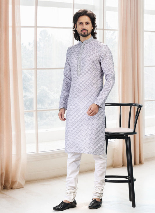 Fancy Work Cotton Grey Kurta Pyjama - M5126