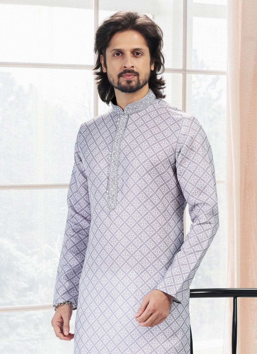 Fancy Work Cotton Grey Kurta Pyjama - M5126