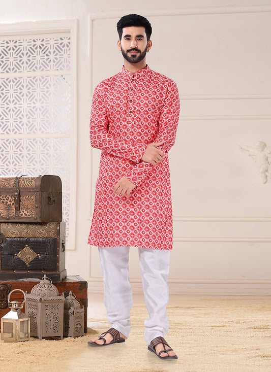 Fancy Work Cotton Red Kurta Pyjama - M4712