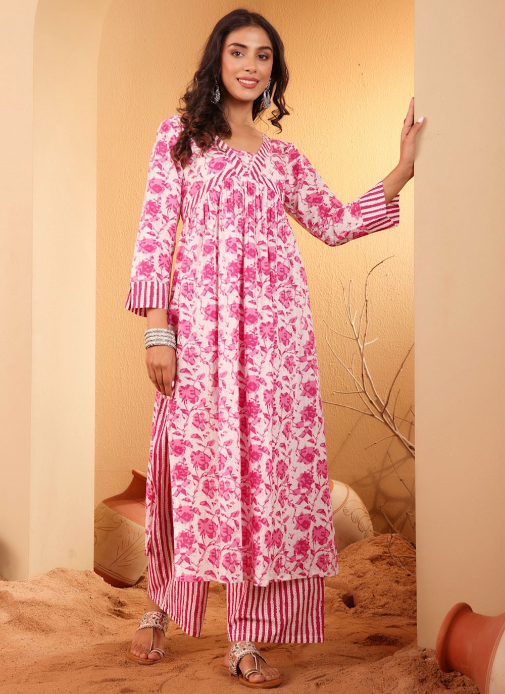 Foliage Prints Cotton Pant Style Suit - T4839