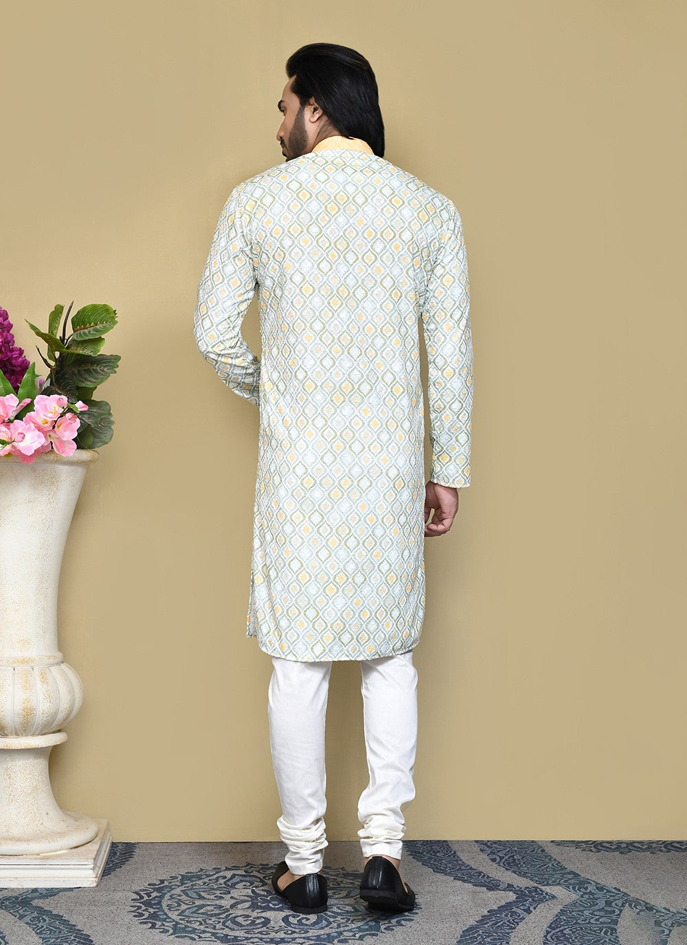 Printed Cotton Green, Yellow Kurta Pyjama - M7794