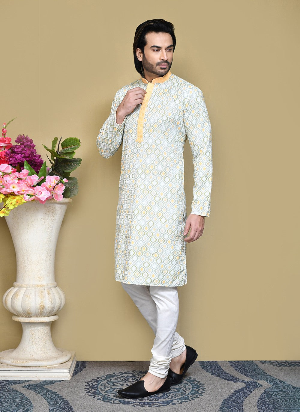 Printed Cotton Green, Yellow Kurta Pyjama - M7794