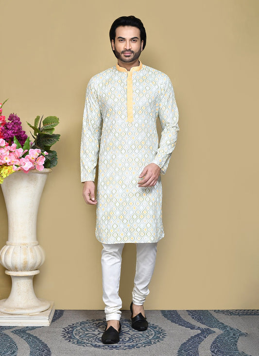 Printed Cotton Green, Yellow Kurta Pyjama - M7794