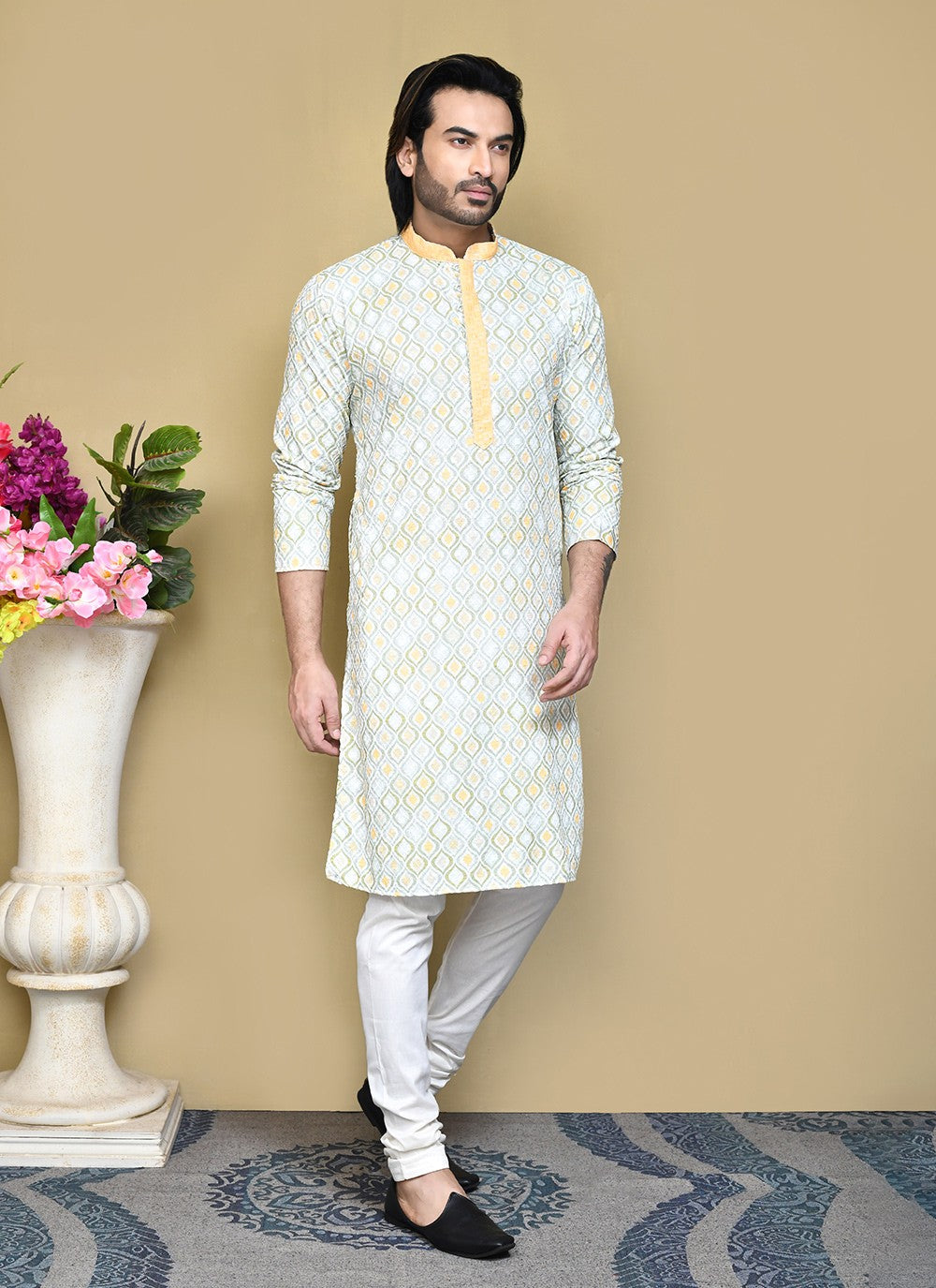 Printed Cotton Green, Yellow Kurta Pyjama - M7794