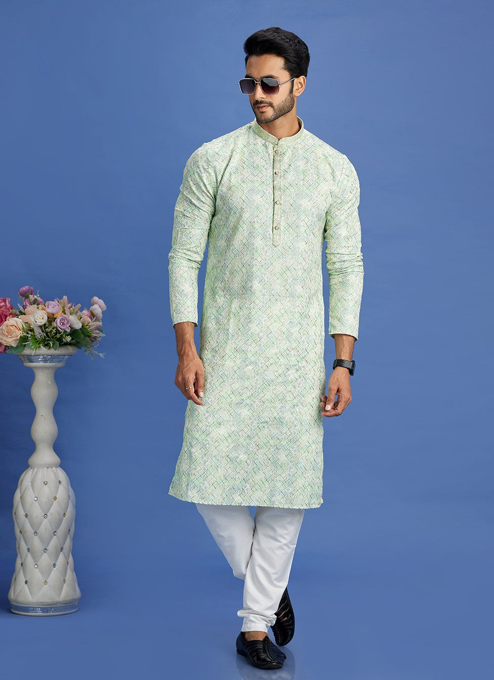 Digital Print Cotton Green Kurta Pyjama - M6944