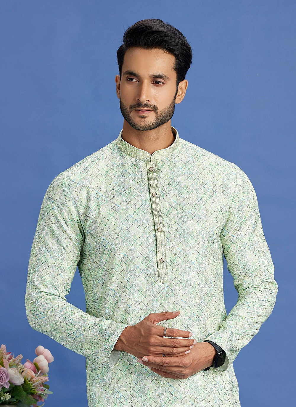 Digital Print Cotton Green Kurta Pyjama - M6944