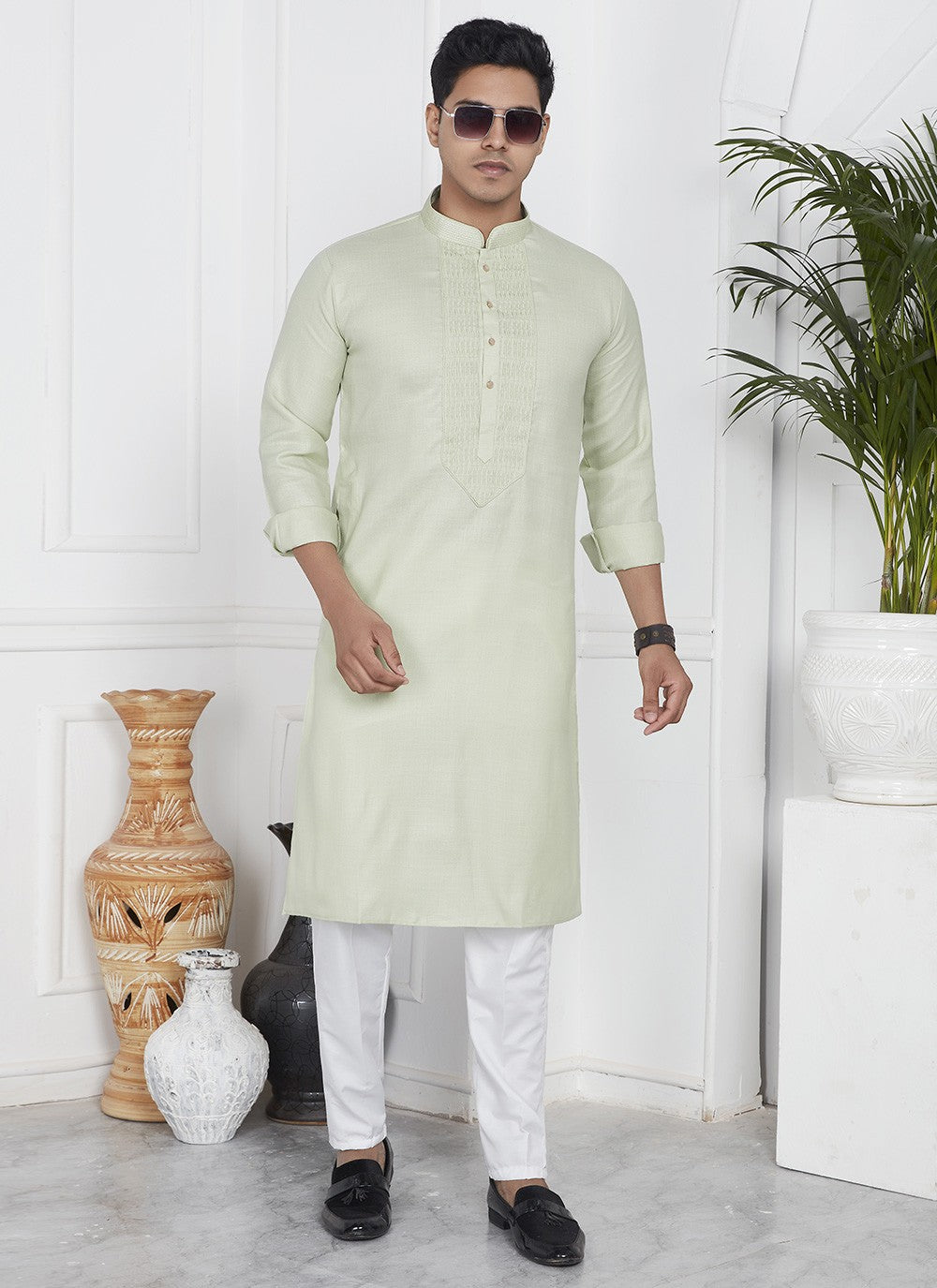 Fancy Work Cotton , Linen Green Kurta Pyjama - M7093