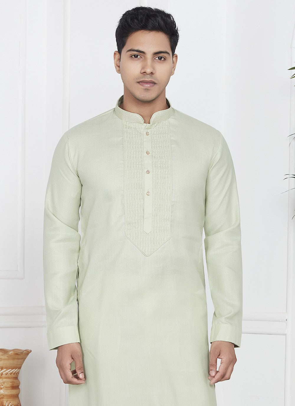 Fancy Work Cotton , Linen Green Kurta Pyjama - M7093