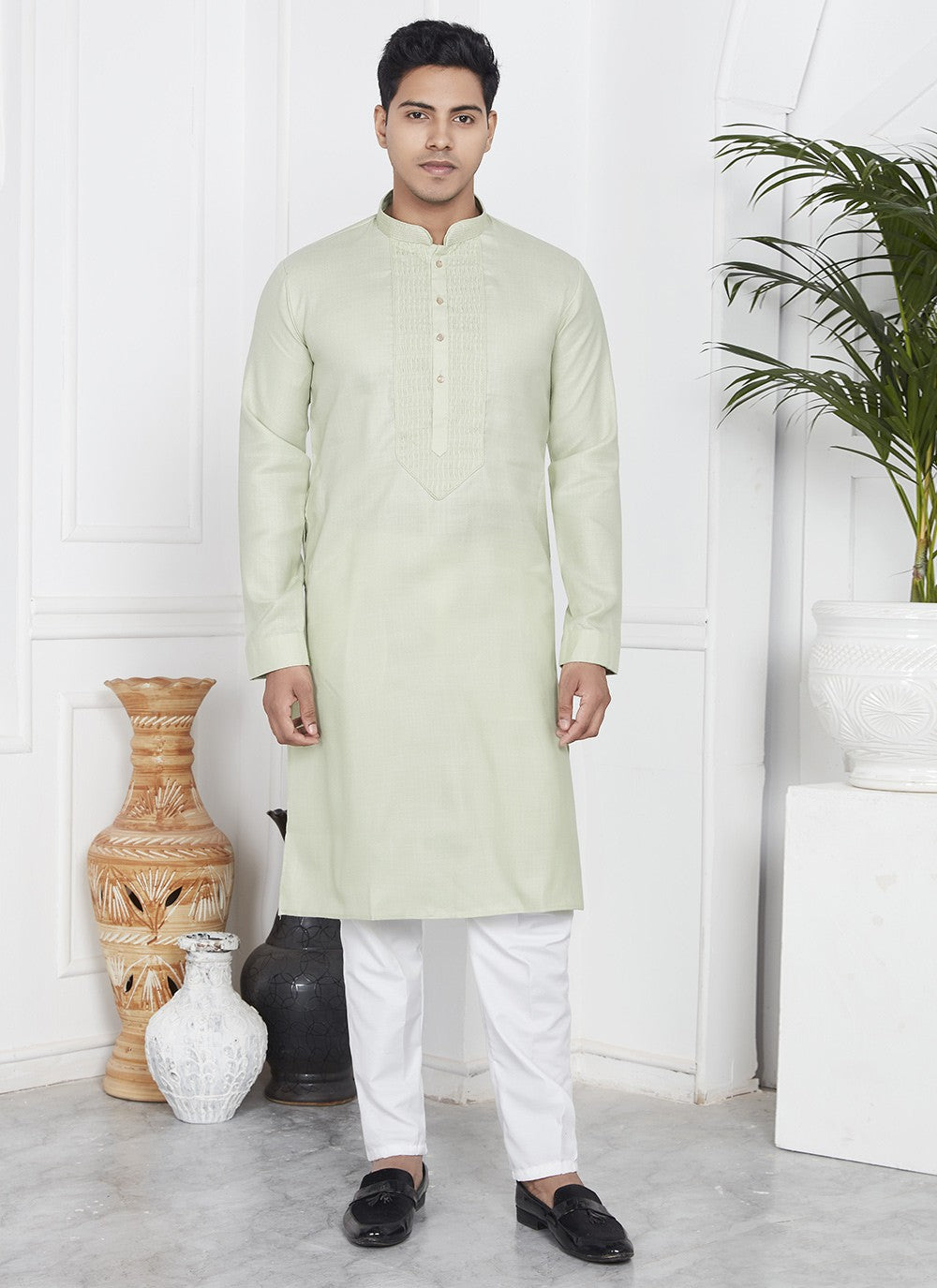 Fancy Work Cotton , Linen Green Kurta Pyjama - M7093