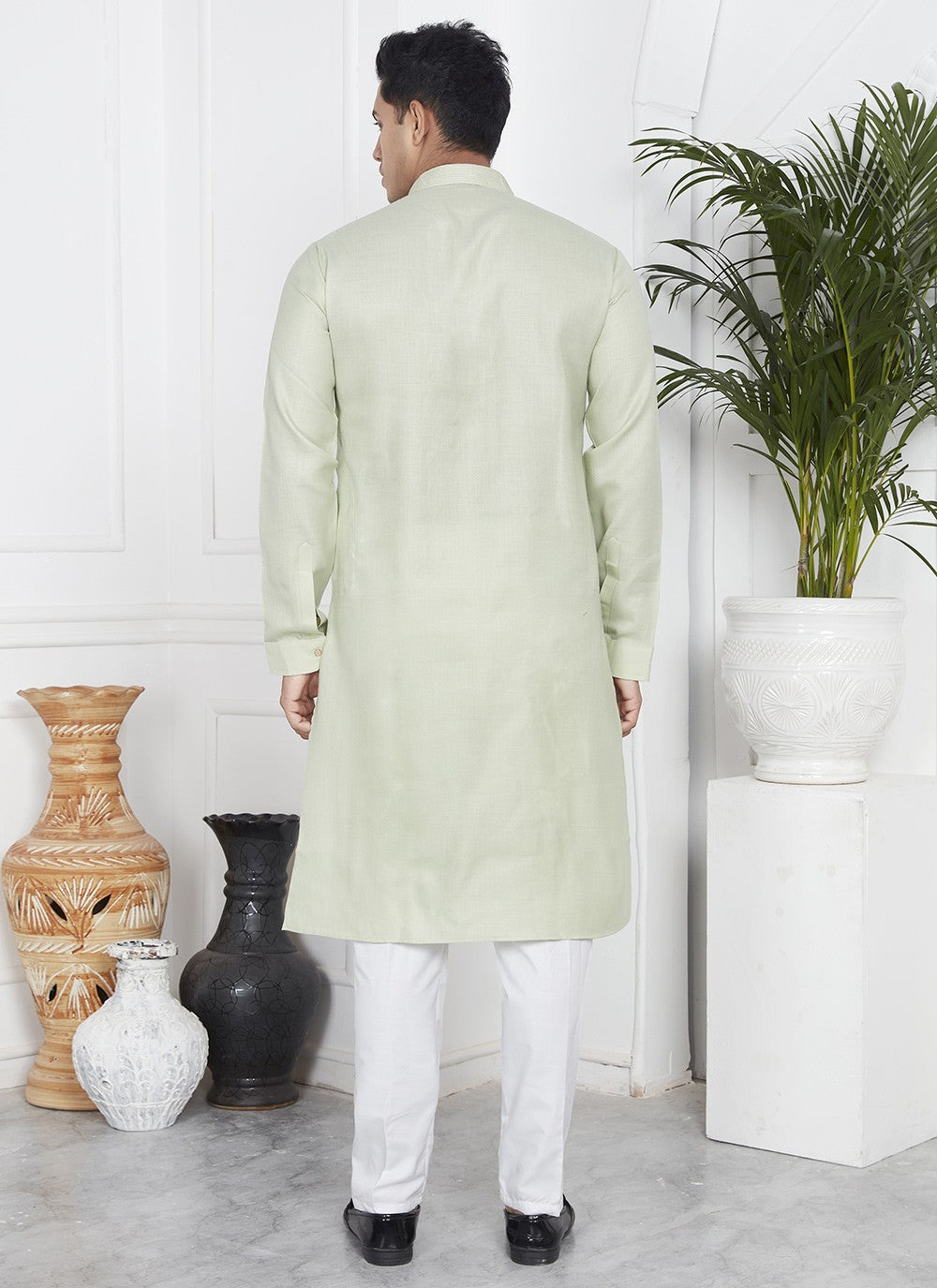 Fancy Work Cotton , Linen Green Kurta Pyjama - M7093