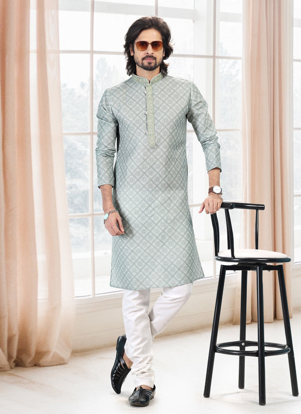 Fancy Work Cotton Green Kurta Pyjama - M5130