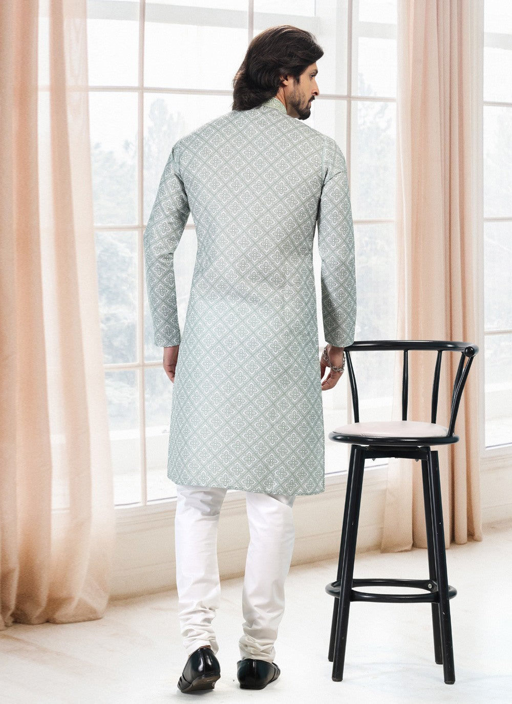 Fancy Work Cotton Green Kurta Pyjama - M5130