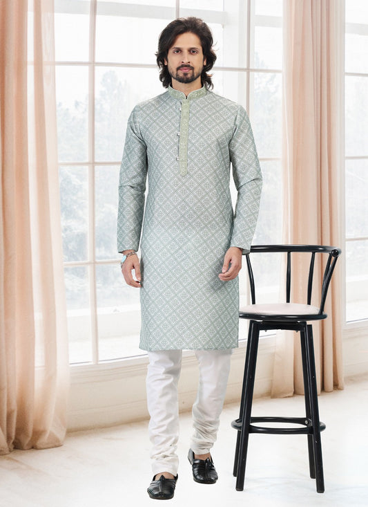 Fancy Work Cotton Green Kurta Pyjama - M5130